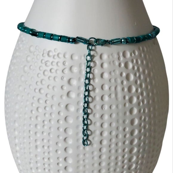 Teal/Turquoise Bohemian Cylinder Beaded Necklace with teal chain - Picture 2 of 2